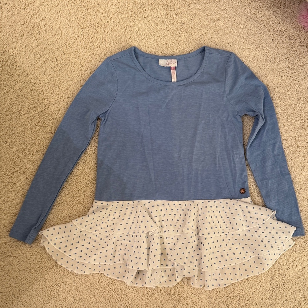 Matilda Jane 435 tween girl Blue Long Sleeve tunic Top with Polka Dot Ruffle